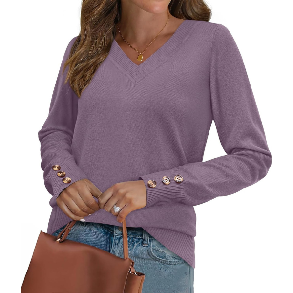 ightweight Sweaters for Women Long Sleeve V Neck Knit Outfits with Decorative Buttons 