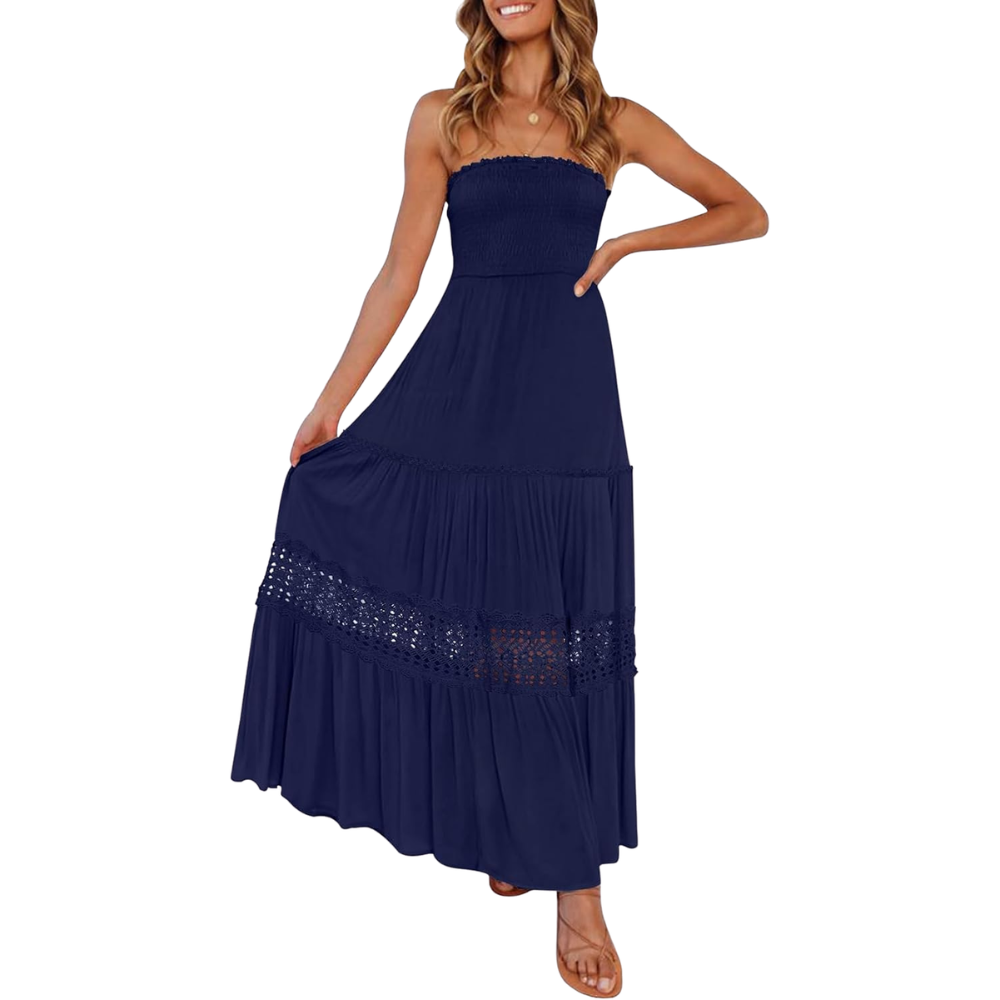 Summer Boho Off Strapless Flowy Lace Line Maxi Dresses For Women