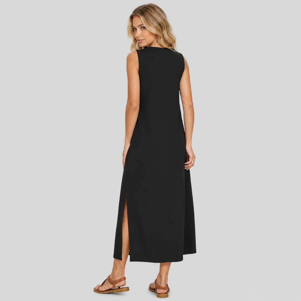 Casual Sleeveless Side Slit Loose Fit Maxi Dress For Women With Pockets