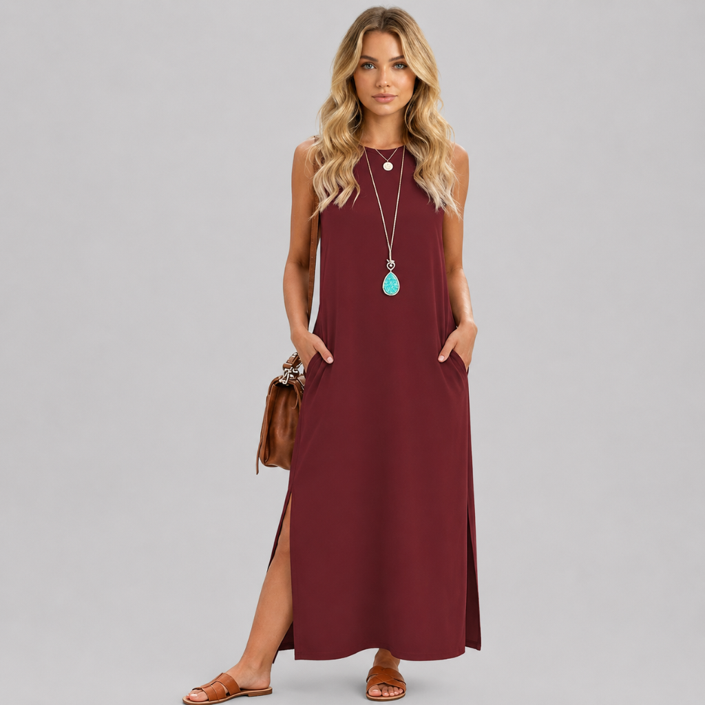 Casual Sleeveless Side Slit Loose Fit Maxi Dress For Women With Pockets