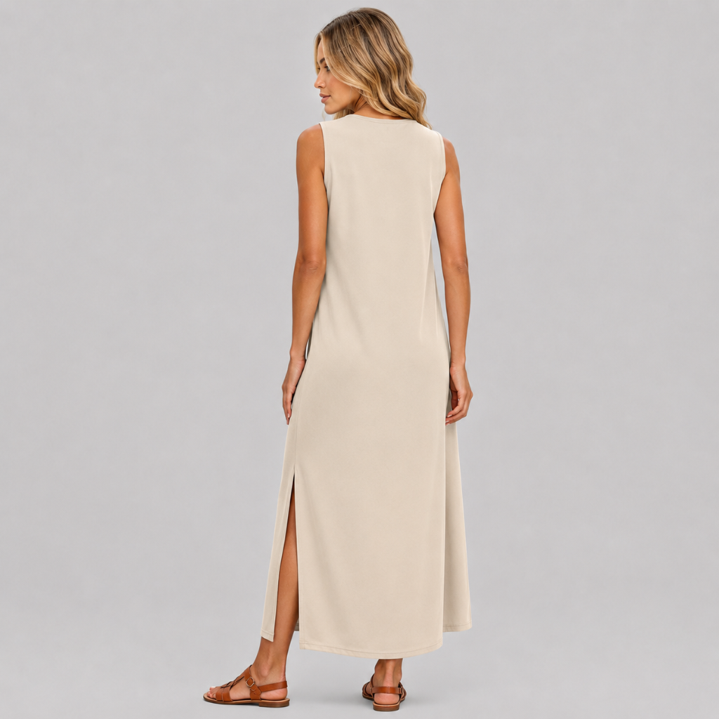 Casual Sleeveless Side Slit Loose Fit Maxi Dress For Women With Pockets