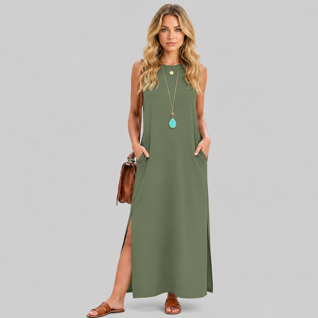 Casual Sleeveless Side Slit Loose Fit Maxi Dress For Women With Pockets