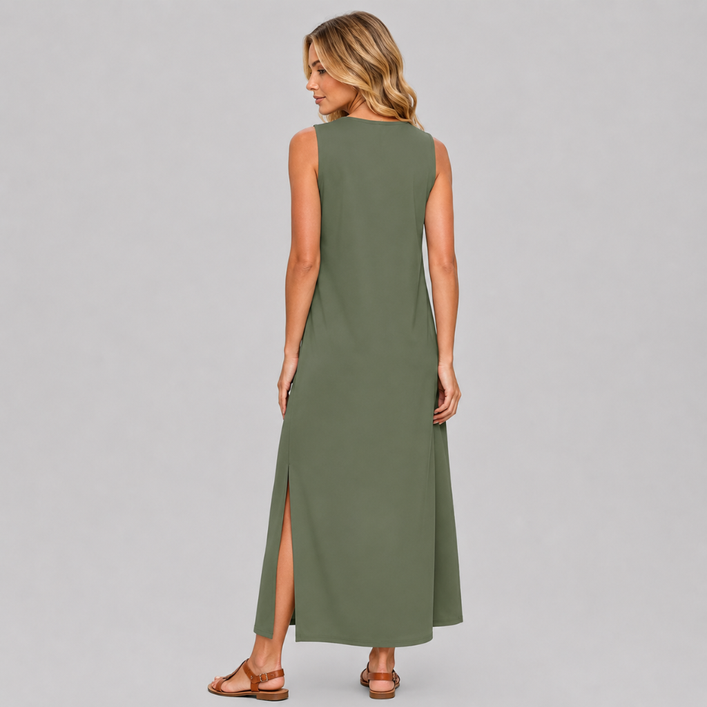 Casual Sleeveless Side Slit Loose Fit Maxi Dress For Women With Pockets