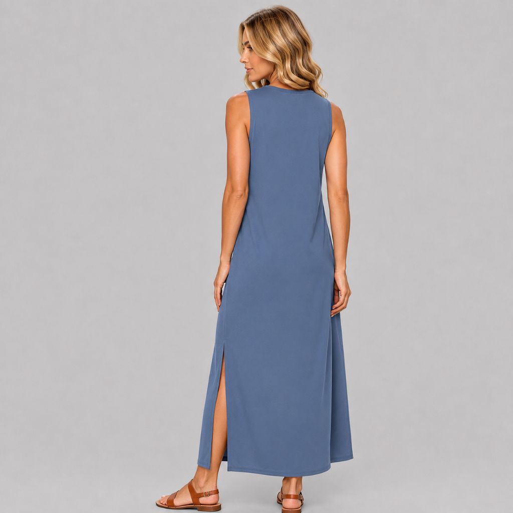 Casual Sleeveless Side Slit Loose Fit Maxi Dress For Women With Pockets