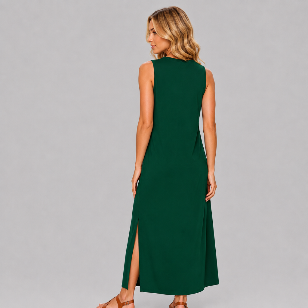 Casual Sleeveless Side Slit Loose Fit Maxi Dress For Women With Pockets