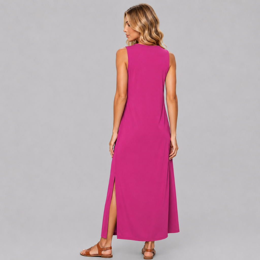 Casual Sleeveless Side Slit Loose Fit Maxi Dress For Women With Pockets