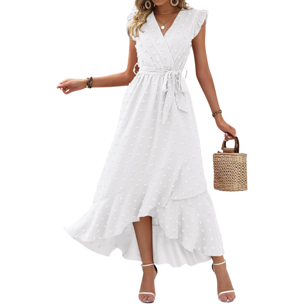  Summer Cap Sleeve Swiss Dot Flowy Ruffle Cocktail Maxi Dress For Women