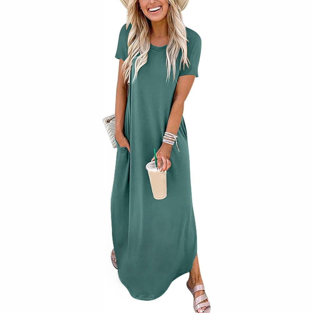 Casual Maxi Sundress With Short Sleeves And Split Hem For Women