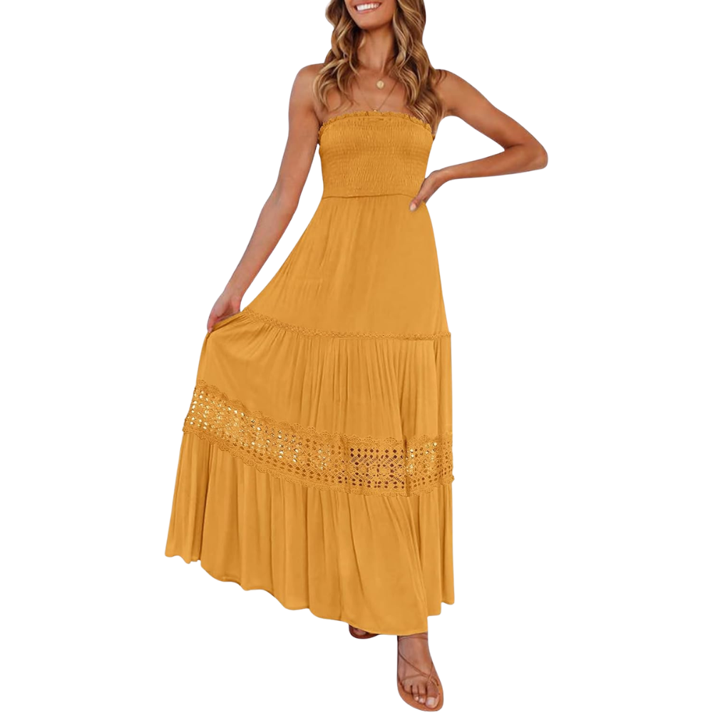 Summer Boho Off Strapless Flowy Lace Line Maxi Dresses For Women