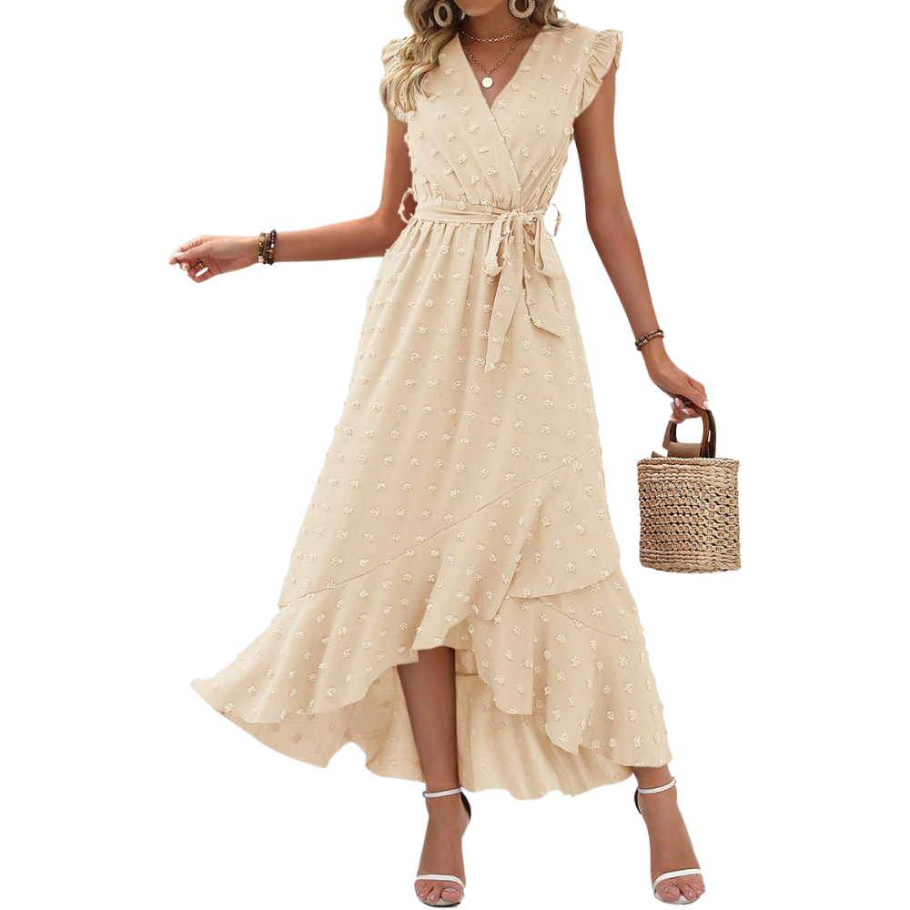  Summer Cap Sleeve Swiss Dot Flowy Ruffle Cocktail Maxi Dress For Women