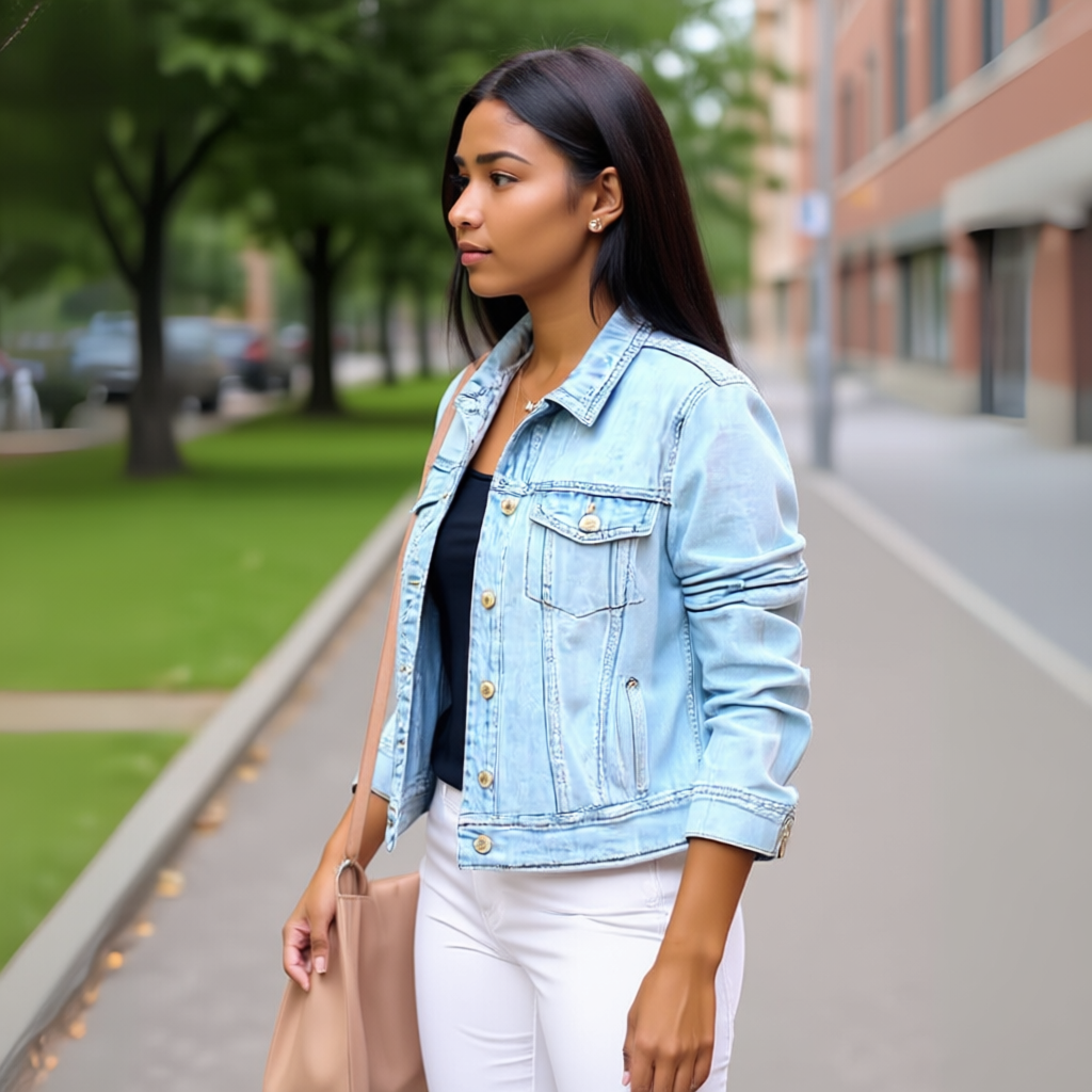 Stretch Fitted Denim Jacket with Long Sleeves