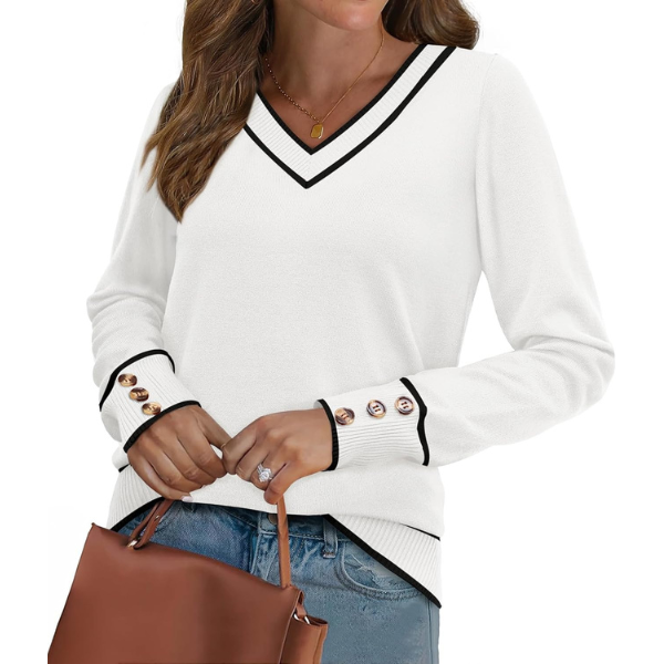 ightweight Sweaters for Women Long Sleeve V Neck Knit Outfits with Decorative Buttons 