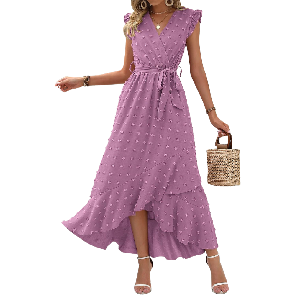  Summer Cap Sleeve Swiss Dot Flowy Ruffle Cocktail Maxi Dress For Women