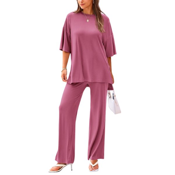 2 Piece Summer Lounge Set With Short Sleeve Top And Pants For Women