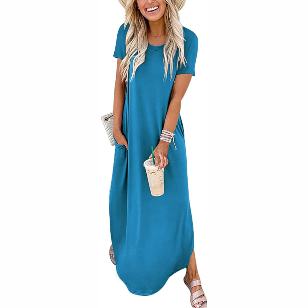 Casual Maxi Sundress With Short Sleeves And Split Hem For Women