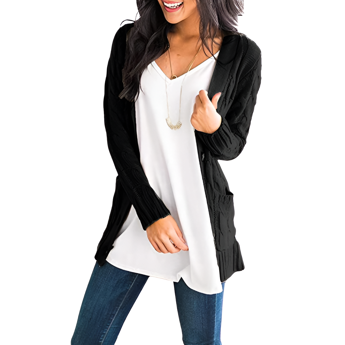 Cable Knit Button Front Open Cardigan