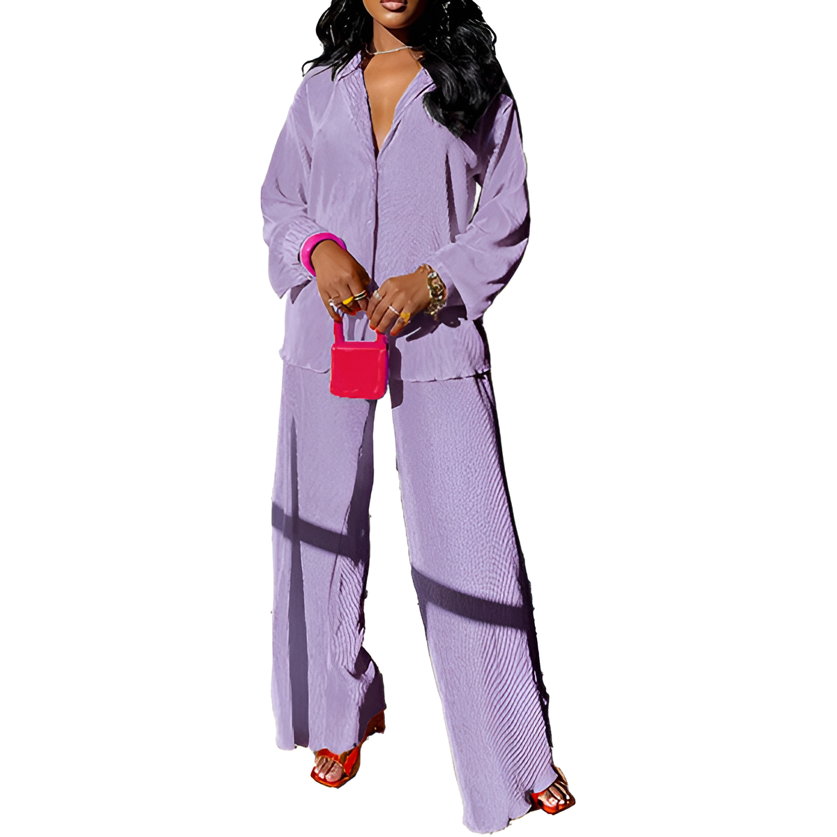 2 Piece Button Down Shirt And Pleated Pants Set For Women