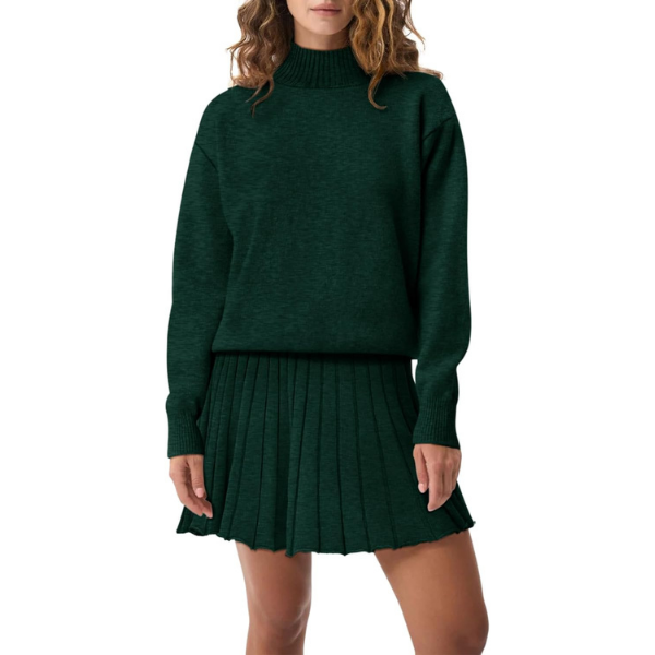 Women's Two Piece Outfits Turtleneck Long Sleeve Ribbed Knit Tops Pleated Mini Skirt 2026 Casual Sweater Sets