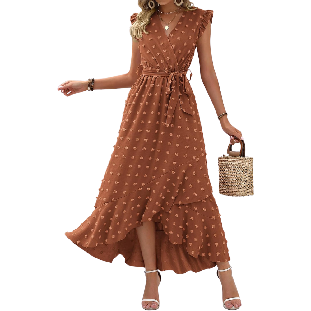  Summer Cap Sleeve Swiss Dot Flowy Ruffle Cocktail Maxi Dress For Women