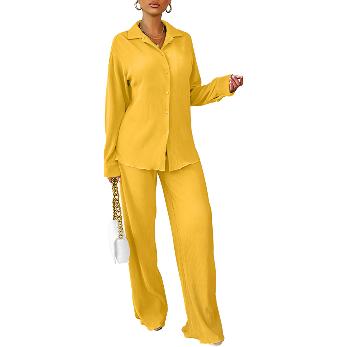 2 Piece Button Down Shirt And Pleated Pants Set For Women