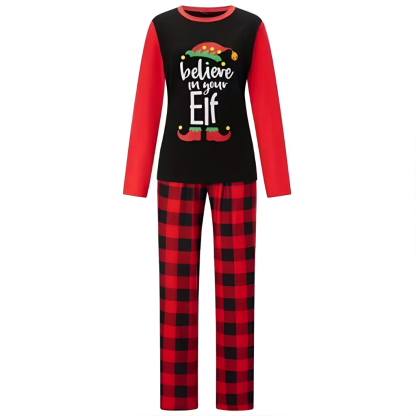 Christmas Letter and Plaid Printed Long Sleeve Tee and Bottom Loungewear Family Matching Pajama Sets