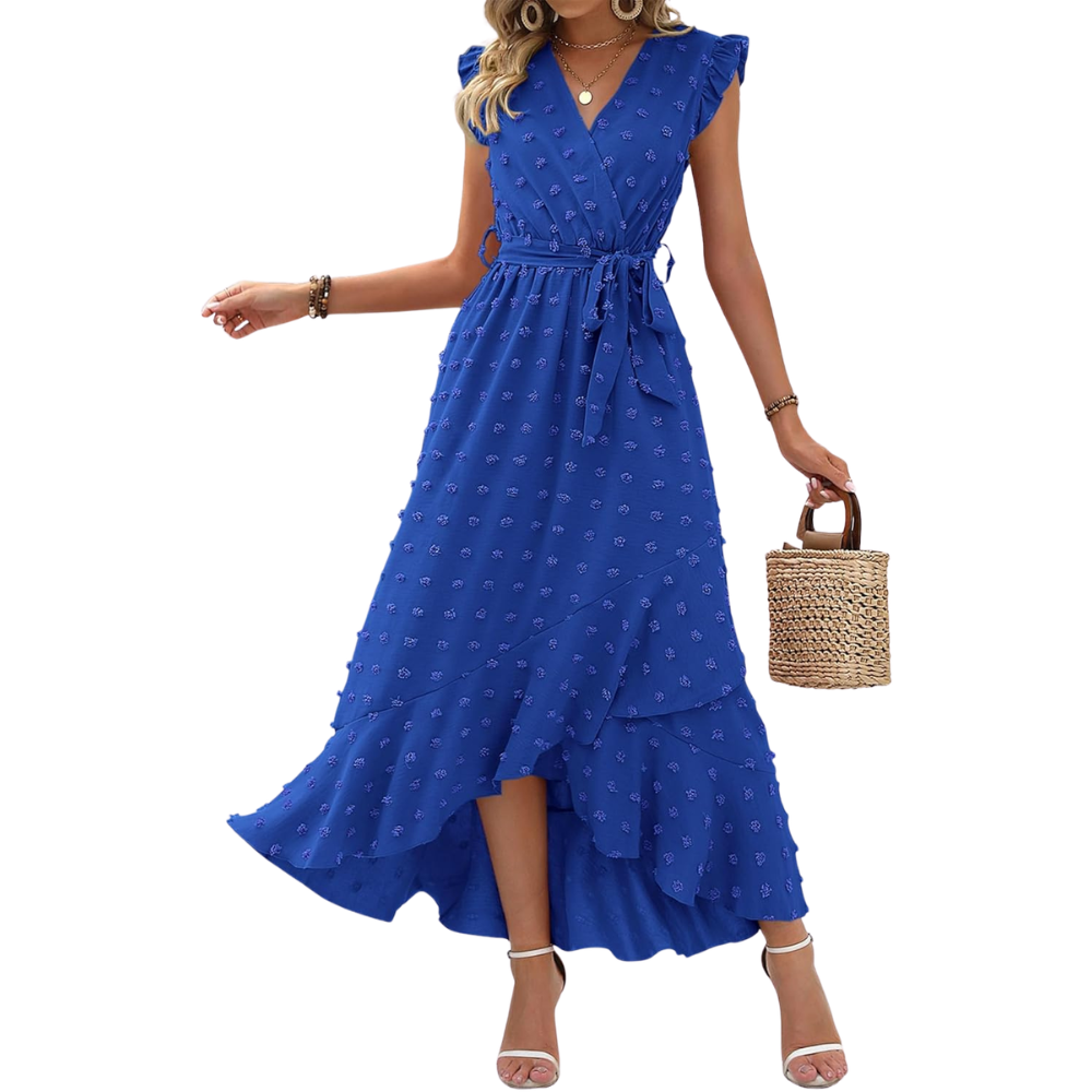  Summer Cap Sleeve Swiss Dot Flowy Ruffle Cocktail Maxi Dress For Women