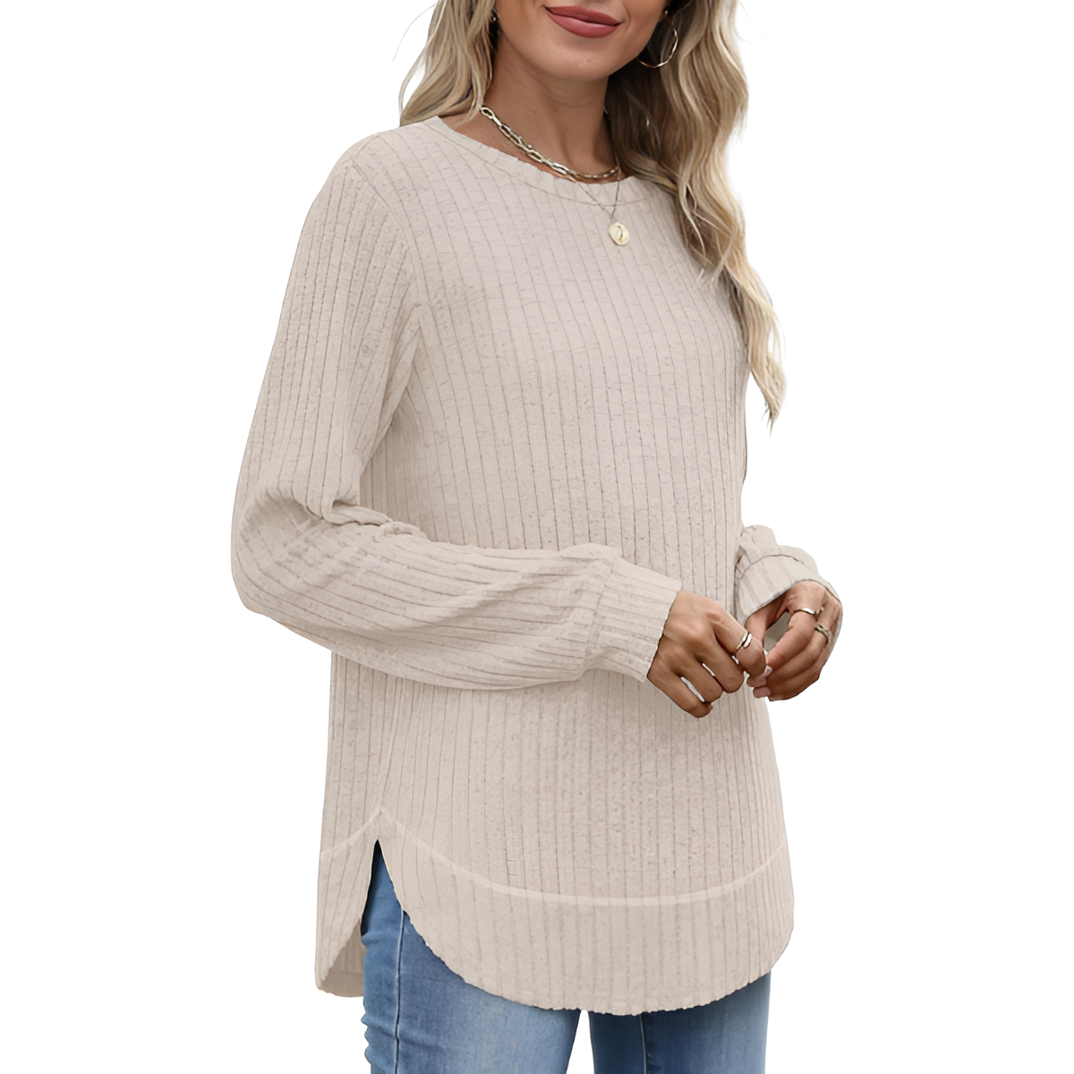 Tunic Tops for Women Loose Fit Dressy Long Sleeve Shirts Womens Sweaters Crew Neck Fall Clothing with Curved Hem
