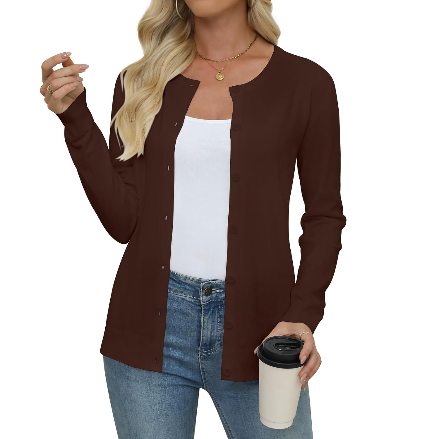 Casual Long Knit Crew Sleeve Front Cardigan With Button For Women