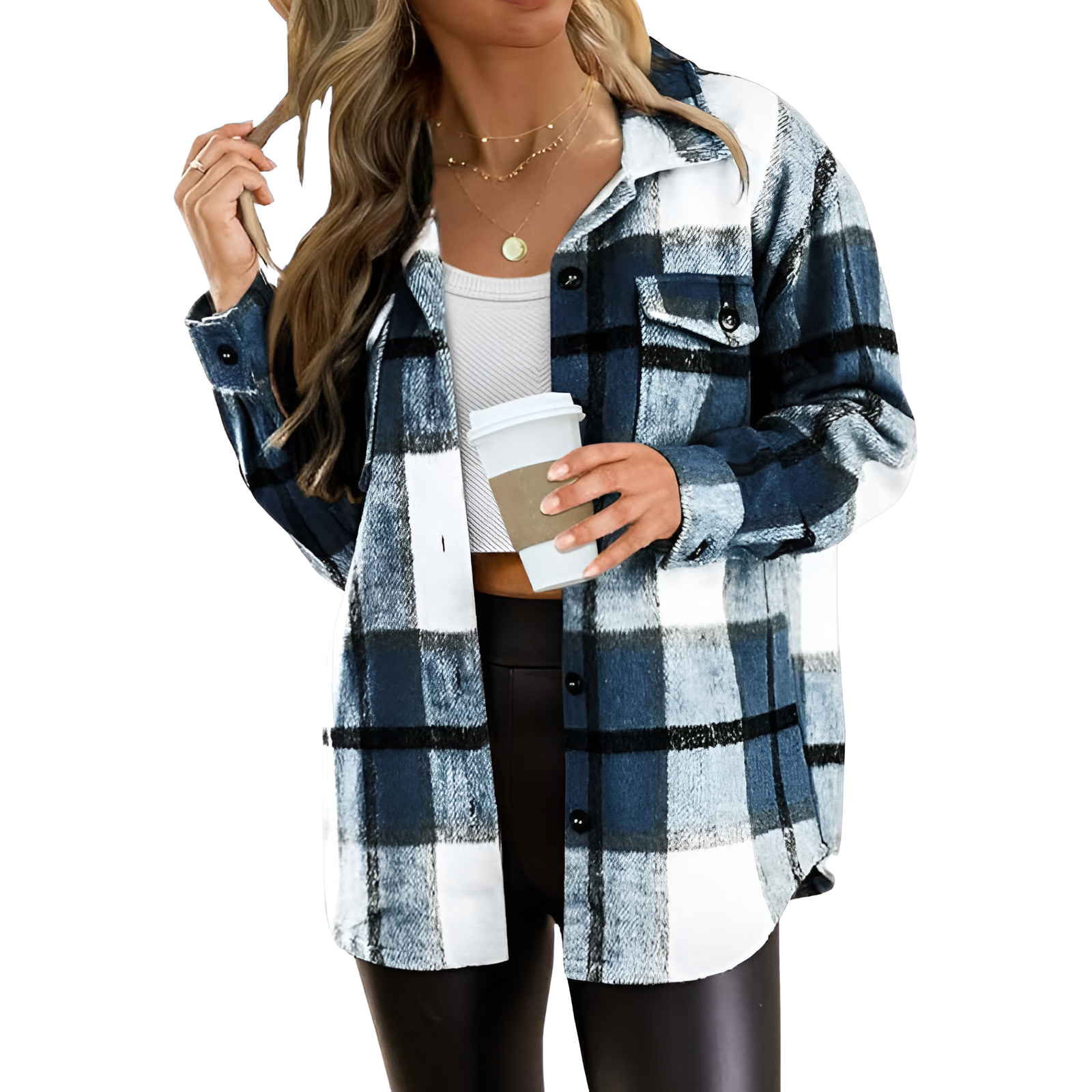 Plaid Flannel Shacket With Long Sleeve Button Down Style For Women