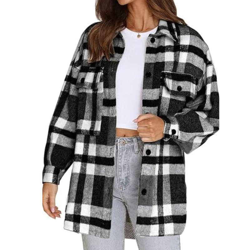 Women’s Plaid Flannel Shacket – Cozy Long Sleeve Button Down Shirt Jacket with Pockets for Fall 