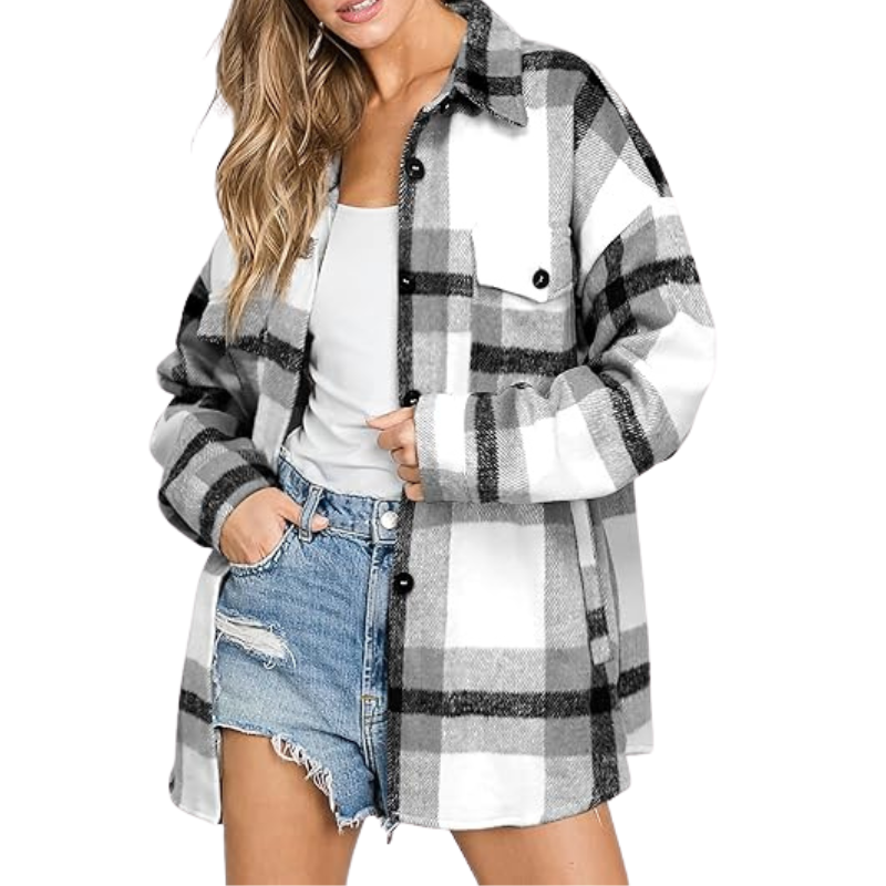 Women’s Plaid Flannel Shacket – Cozy Long Sleeve Button Down Shirt Jacket with Pockets for Fall 