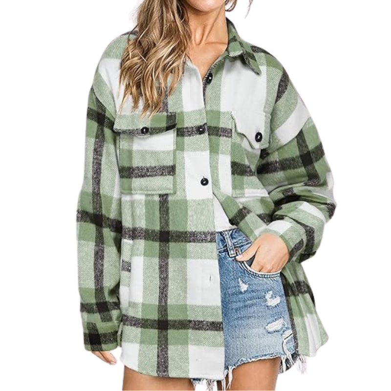 Women’s Plaid Flannel Shacket – Cozy Long Sleeve Button Down Shirt Jacket with Pockets for Fall 