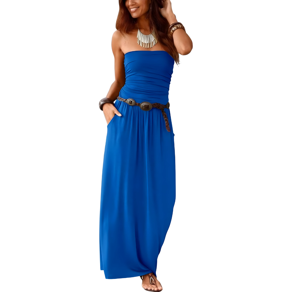 Summer Off Strapless Floral Maxi Dress With Pockets For Women
