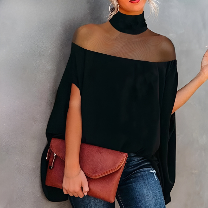 Women's Batwing Sleeves See-Through High-Neck Blouse