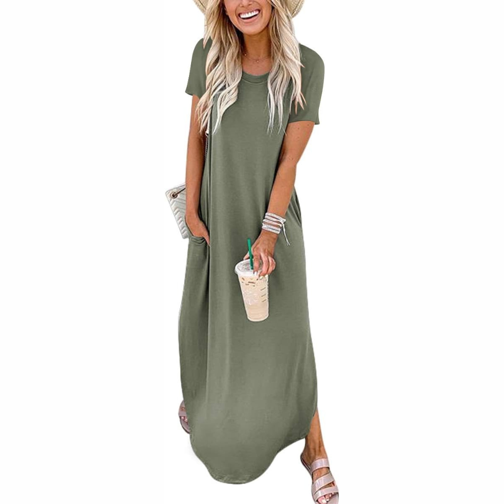 Casual Maxi Sundress With Short Sleeves And Split Hem For Women