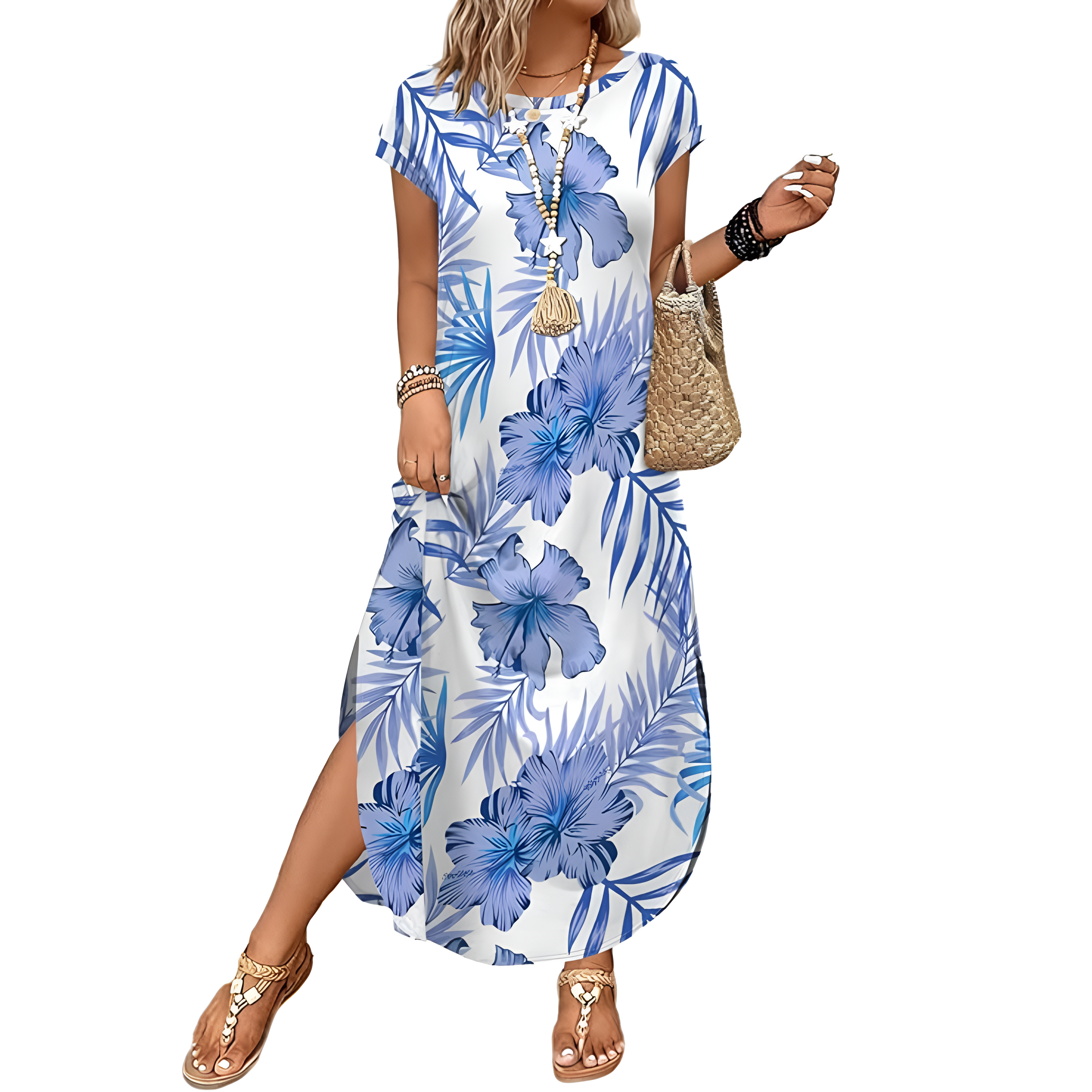 Summer And Cap Sleeve Crewneck Casual Beach Maxi For Women