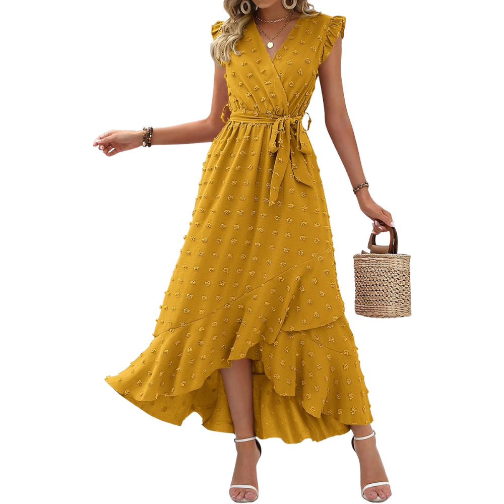  Summer Cap Sleeve Swiss Dot Flowy Ruffle Cocktail Maxi Dress For Women