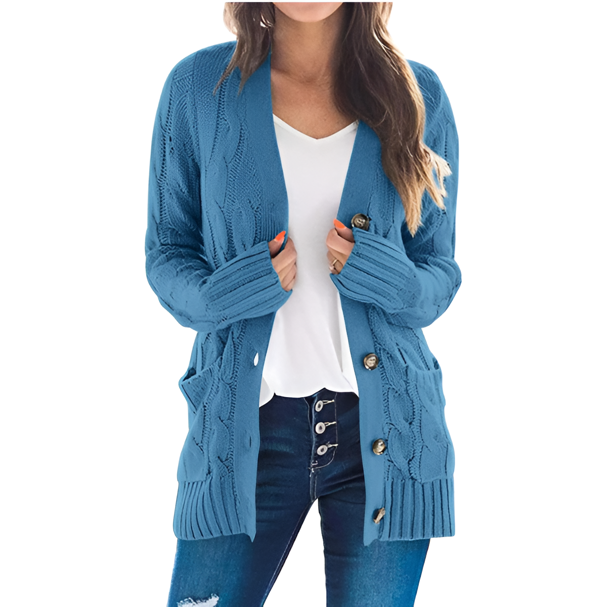 Cable Knit Button Front Open Cardigan