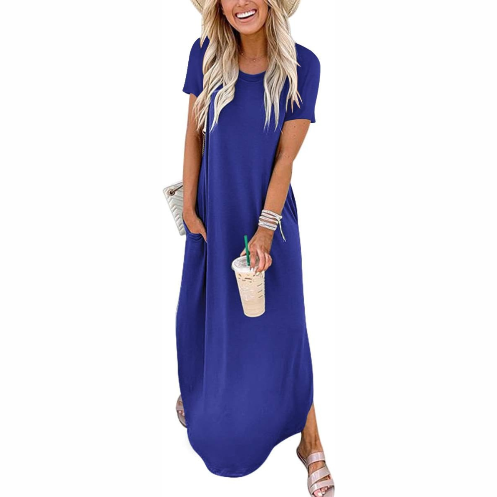 Casual Maxi Sundress With Short Sleeves And Split Hem For Women