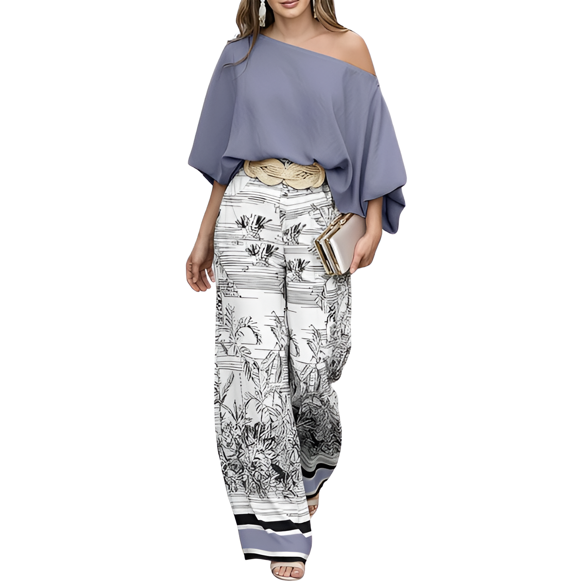 Two Piece Set With Flowy Pants And Top For Women