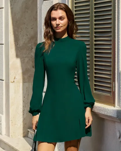 Slit Hem Dress With Stand Collar And Lightweight Sleeves For Special Occasions