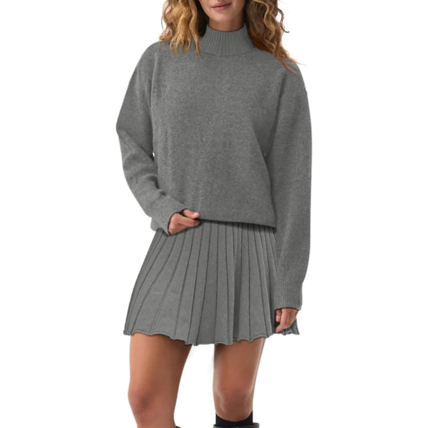Women's Two Piece Outfits Turtleneck Long Sleeve Ribbed Knit Tops Pleated Mini Skirt 2026 Casual Sweater Sets