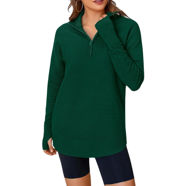 Womens Long Sleeve Quarter Zip Pullover Sweater Casual Loose V Neck Collared Ribbed Knit Jumper Tops Thumb Hole