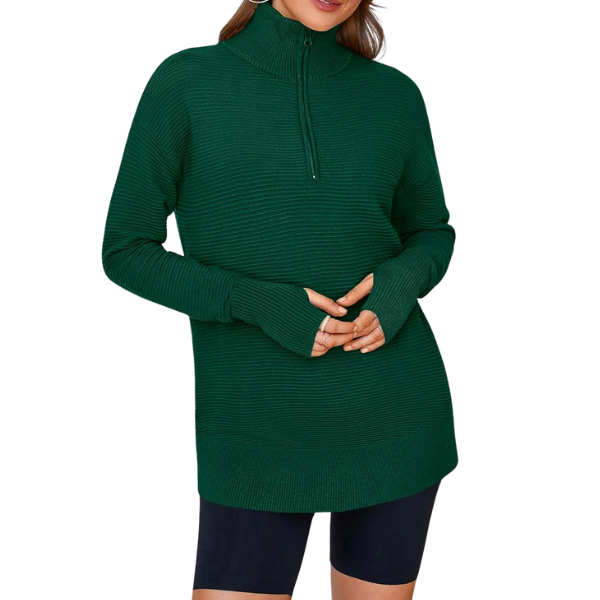 Womens Long Sleeve Quarter Zip Pullover Sweater Casual Loose V Neck Collared Ribbed Knit Jumper Tops Thumb Hole