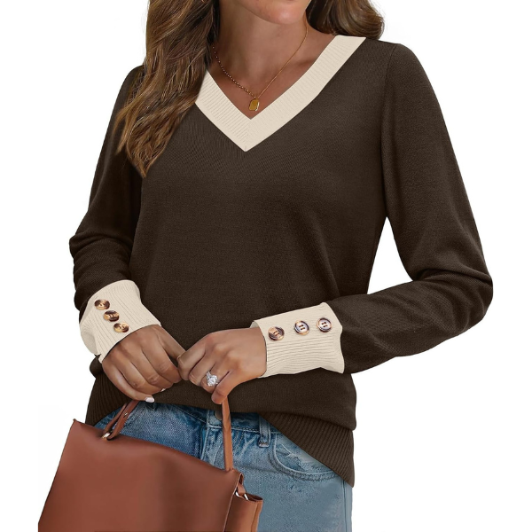 ightweight Sweaters for Women Long Sleeve V Neck Knit Outfits with Decorative Buttons 
