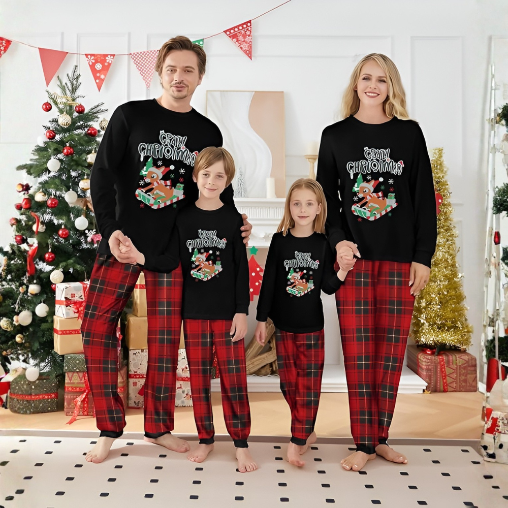 Reindeer Sleigh Merry Christmas Printed Family Matching Plaid Pajama Set