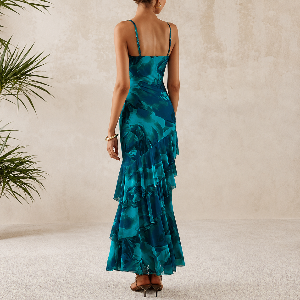 Summer Spring Tiered Floral Beach Maxi Dress Spaghetti For Women