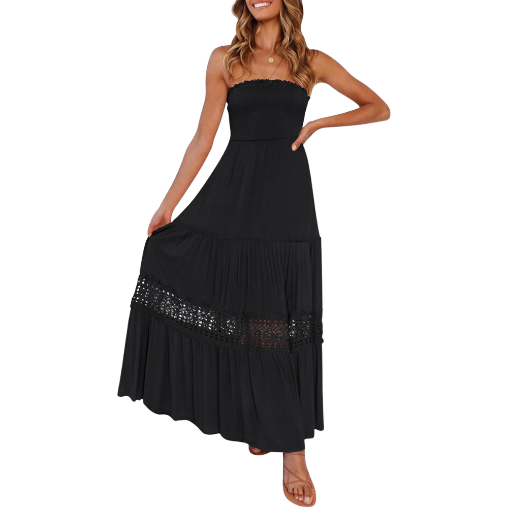 Summer Boho Off Strapless Flowy Lace Line Maxi Dresses For Women