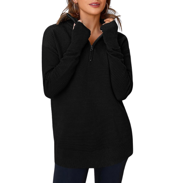 Womens Long Sleeve Quarter Zip Pullover Sweater Casual Loose V Neck Collared Ribbed Knit Jumper Tops Thumb Hole