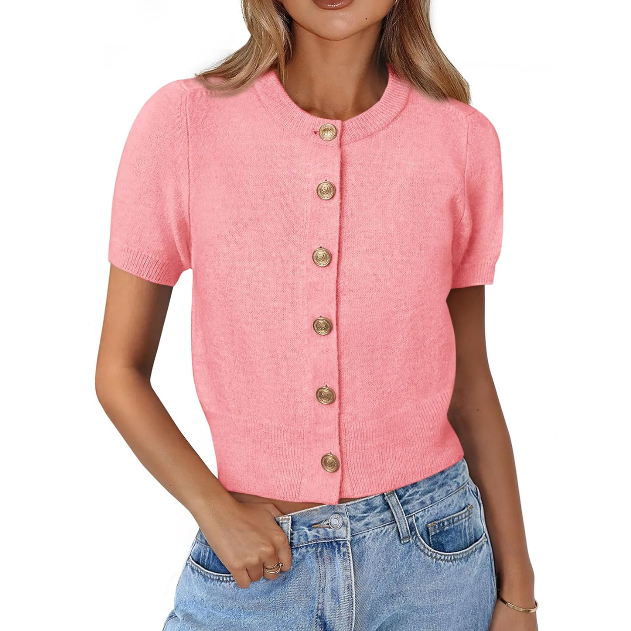 Casual Stretchy Short Sleeve Knit Crop Cardigan For Women